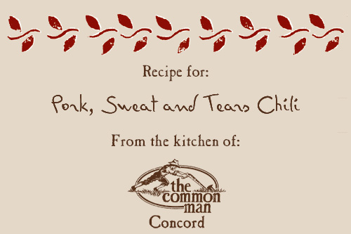 recipe card image of common man concord's pork, sweat, & tears chili