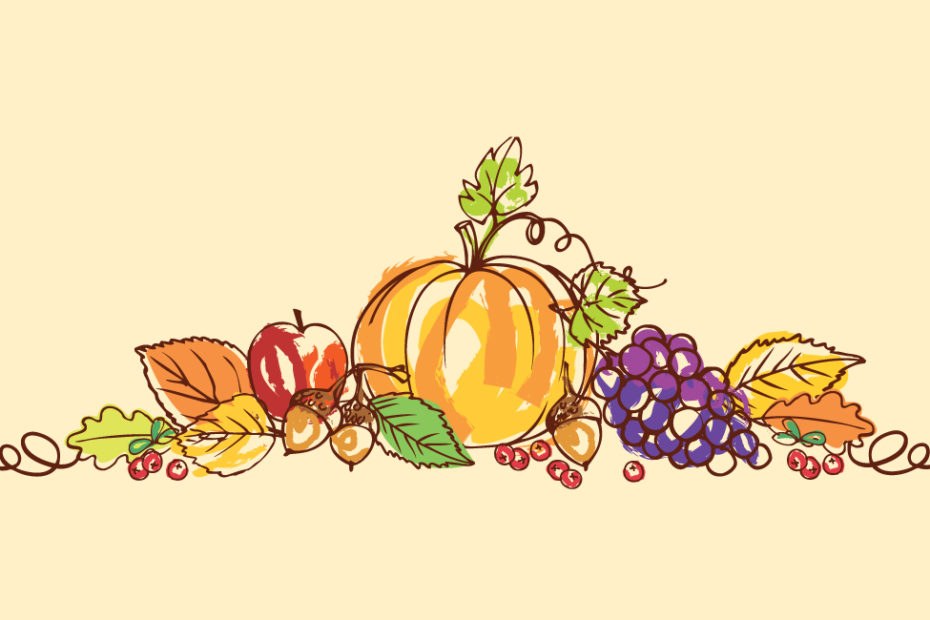 pen and color ink illustration of pumpkin, grapes, apples and leaves