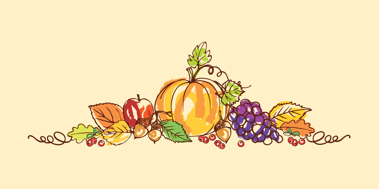 pen and color ink illustration of pumpkin, grapes, apples and leaves