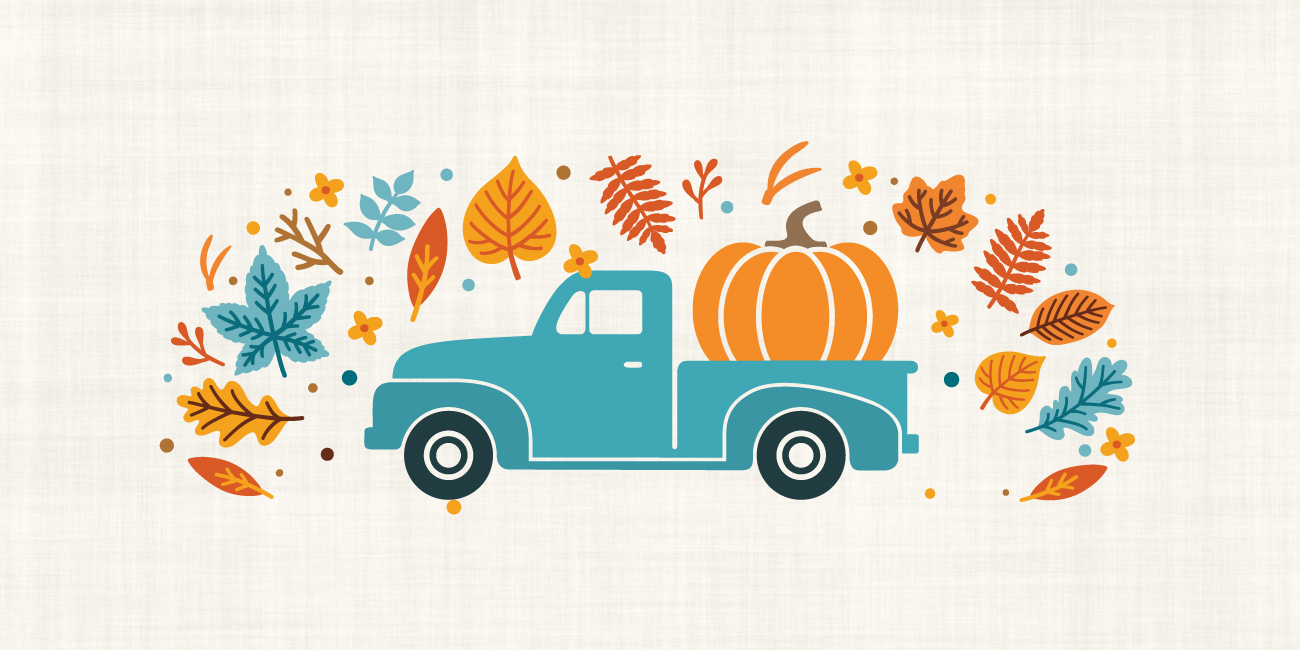 illustration of teal blue pick up truck with pumpkin in back and fall leaves in a half circle around it