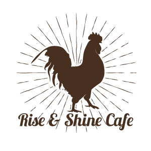 rise and shine cafe logo with rooster silhouette all in brown