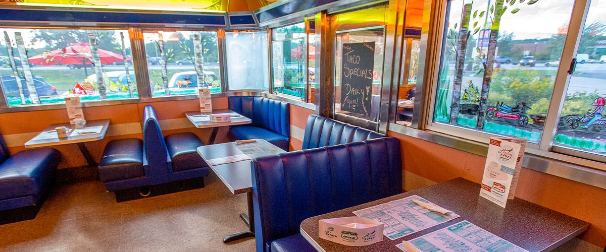 blue diner booths inside diner